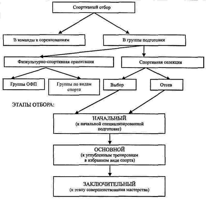 Схема этапов спортивного отбора. Общая схема управления процессом отбора в спорте. «Виды спортивного отбора в процессе многолетней подготовки». Физиологические критерии спортивного отбора и ориентации.. Организация соревнований этапы