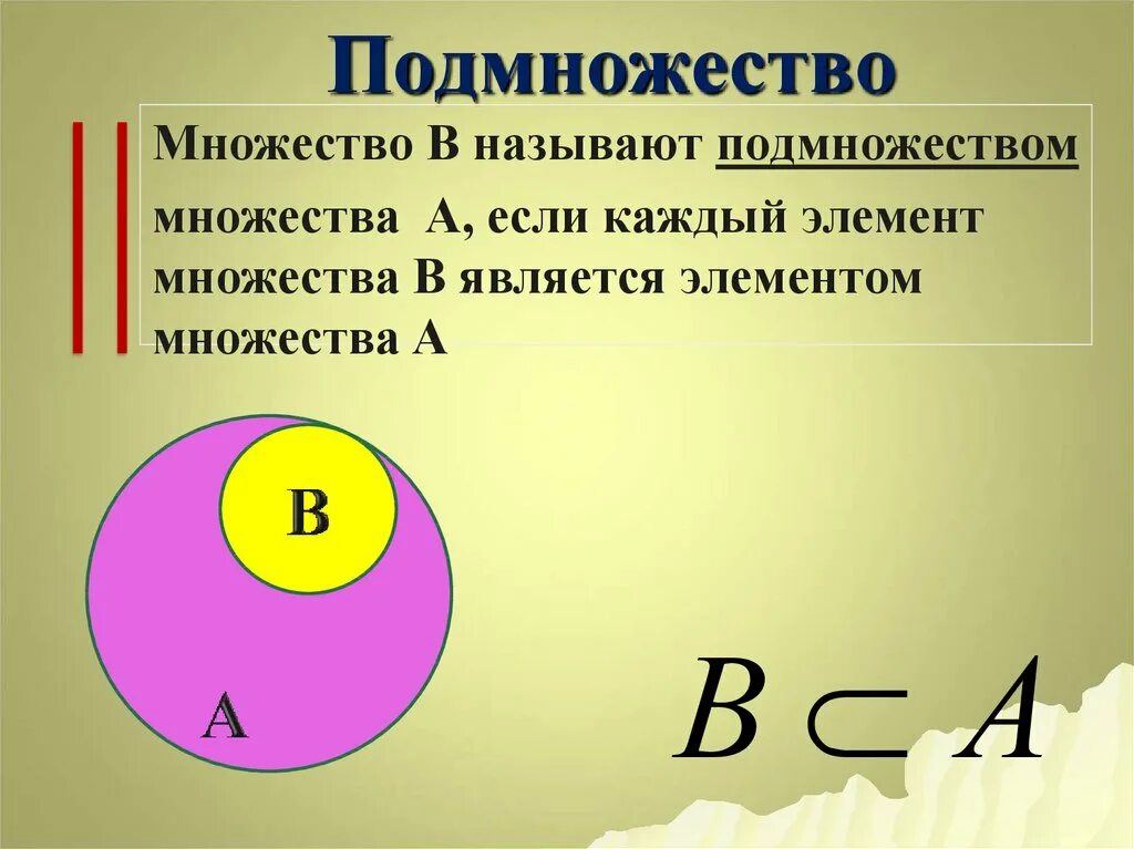 А принадлежит б пример. Множества и подмножества. Подмножество пересечение множеств. Что такое подмножество в математике. Понятие подмножества.