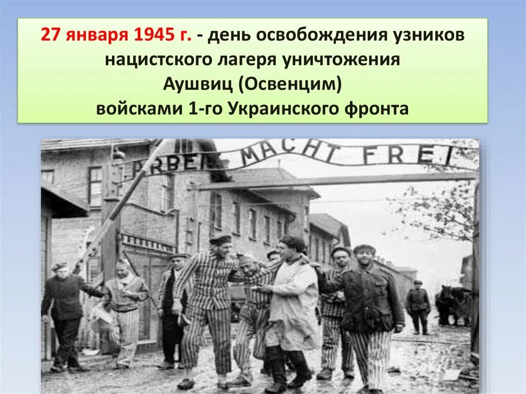 Узники фашистских концлагерей презентация. 27 Января 1945 освобождение узников концлагеря Освенцим. Освобождение узников Освенцима 1945. Советские войска освободили узников Освенцима. Освенцим день освобождения.