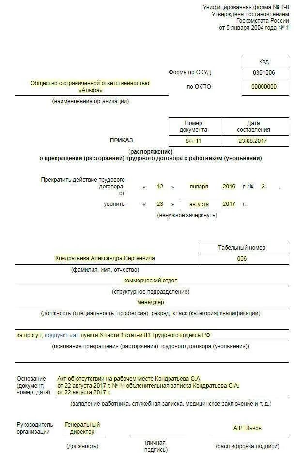 Уволить за 1 прогул. Приказ об увольнении работника за прогул образец. Приказ об увольнении сотрудника за прогул образец. Приказ т8 увольнение за прогул. Пример заполнения приказа при увольнении за прогулы.