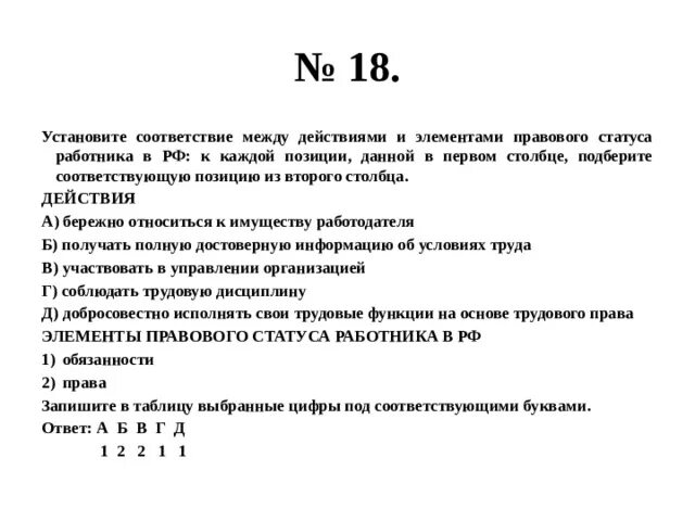 Установите соответствие между операторами и результатами. Элементы правового статуса работника в РФ.