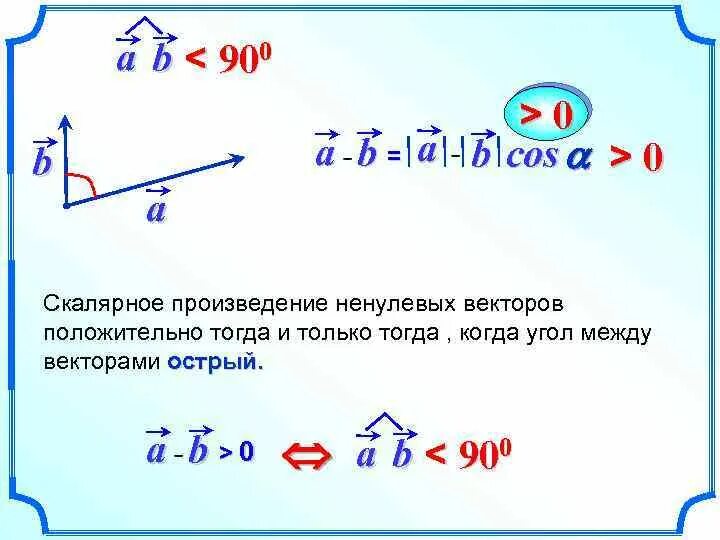 Скалярным произведением двух ненулевых векторов. Угол между векторами острый если. Скалярное произведение ненулевых векторов. Скалярное произведение больше нуля. Скалярное произведение меньше нуля.