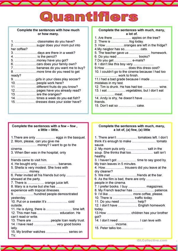 Sentences with little. Quantifiers в английском языке Worksheets. Quantifiers в английском языке упражнения. Quantifiers упражнения. Much many упражнения.