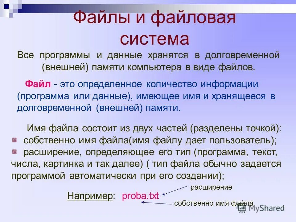 Определенное количество информации имеющее имя. Файл это имя программы или данных. начальная страница сайта обычно имеет имя.