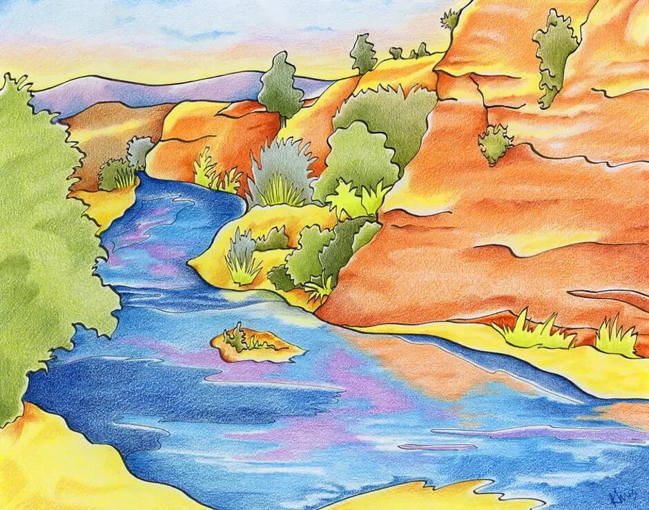 Путь реки пейзаж 6 класс. Рисование реки. Река рисунок. Нарисовать реку. Река картина детская.
