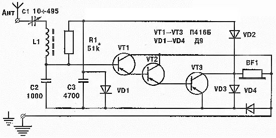 Детекторный приемник прямого усиления схема. Схема детекторно-транзисторного приемника. Схема радиоприемника на транзисторах п416. Схема детекторного приемника с усилителем на 1 транзисторе.