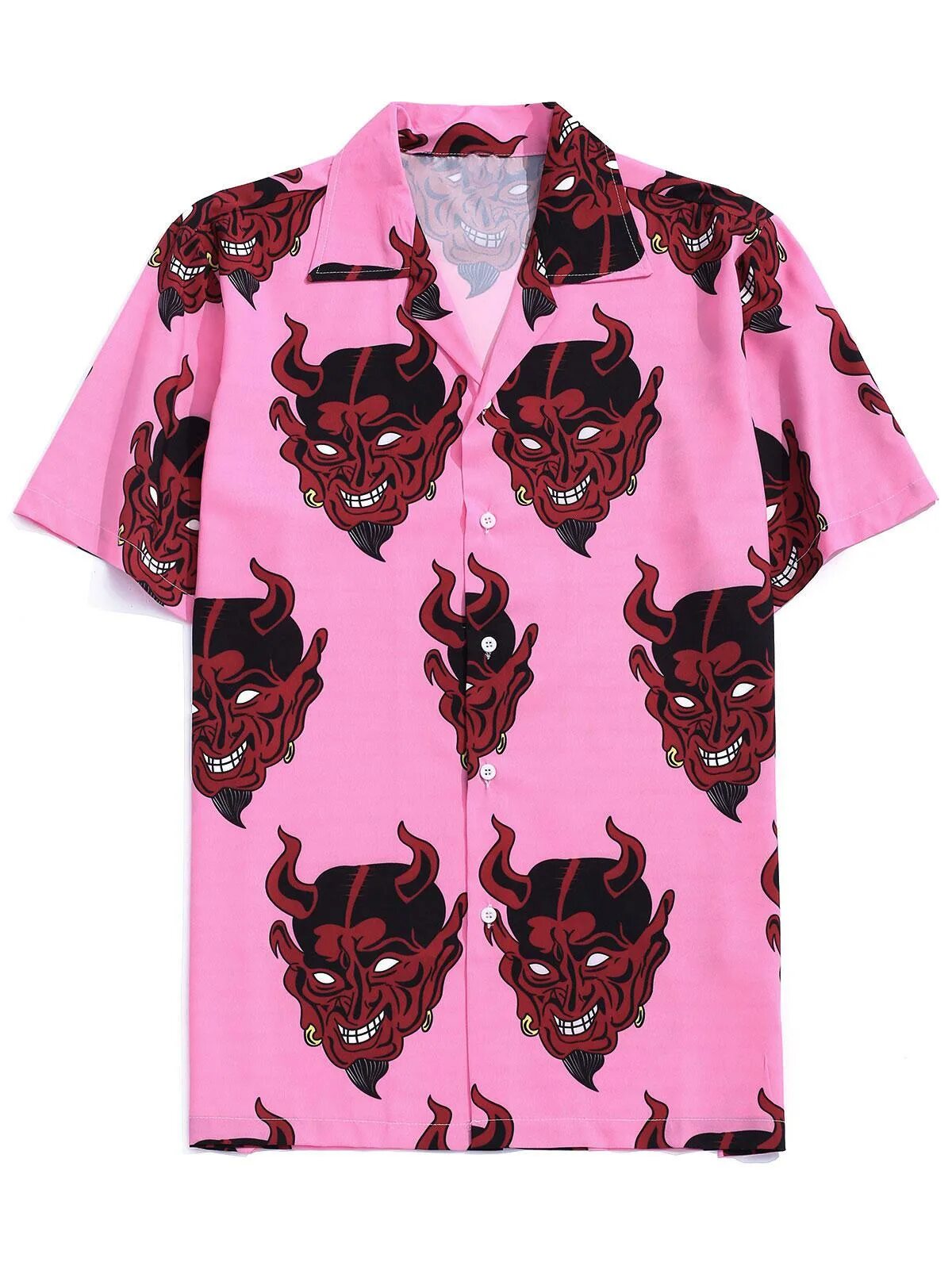 Рубашка с принтом купить. Harajuku Devil Print рубашка мужская. Рубашка с дьяволом розовая валберис. Розовая рубашка с демонами. Рубашка с дьяволом розовая.