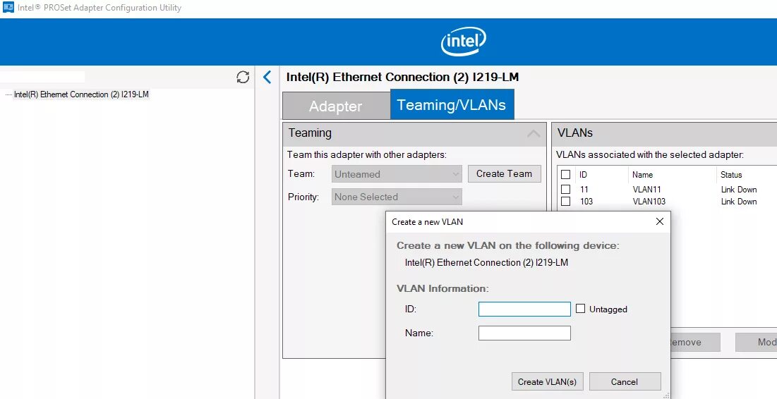 PROSET Adapter configuration Utility. Intel PROSET Adapter configuration. Intel VLAN. Intel Ethernet.