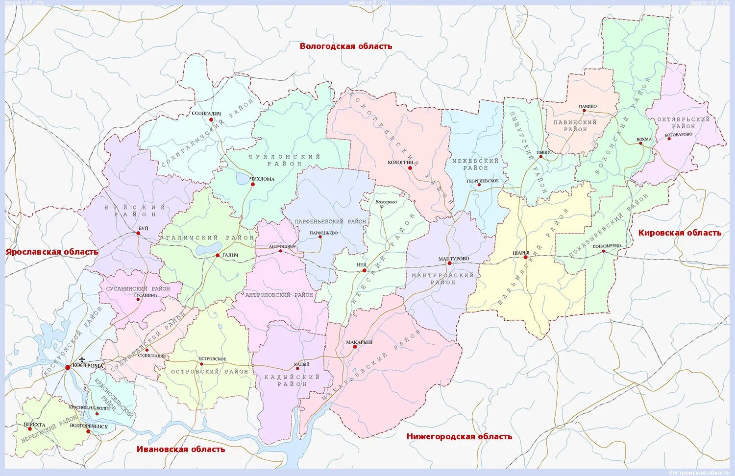 Карта Костромской области с районами. Карта Костромской области по районам. Карта Костромской обл по районам. Административная карта Костромской области.