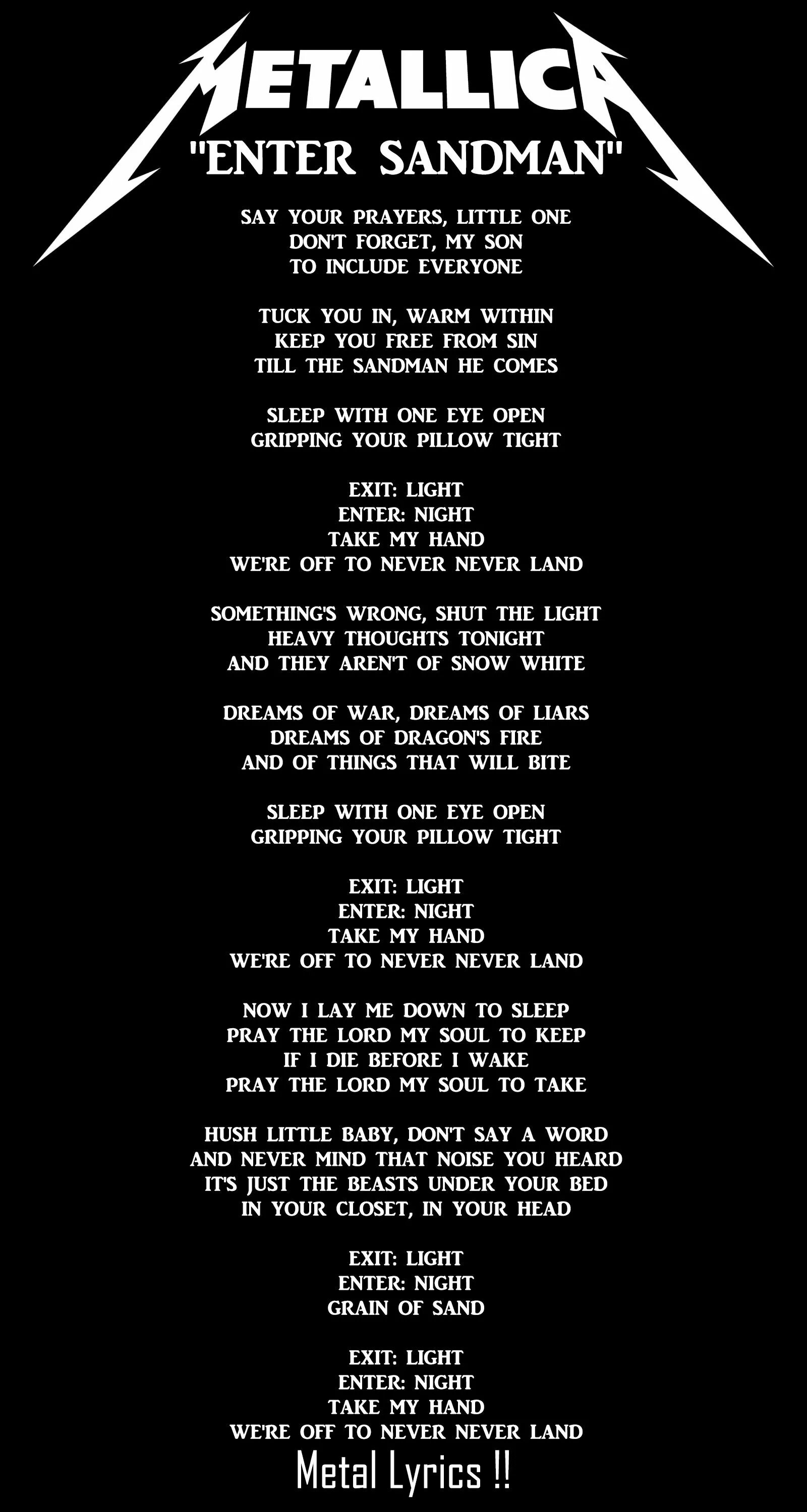 Enter light. Enter Sandman Metallica текст. Энтерсендмэн металика. Металлика ентер Сандман. Текст песни enter Sandman.