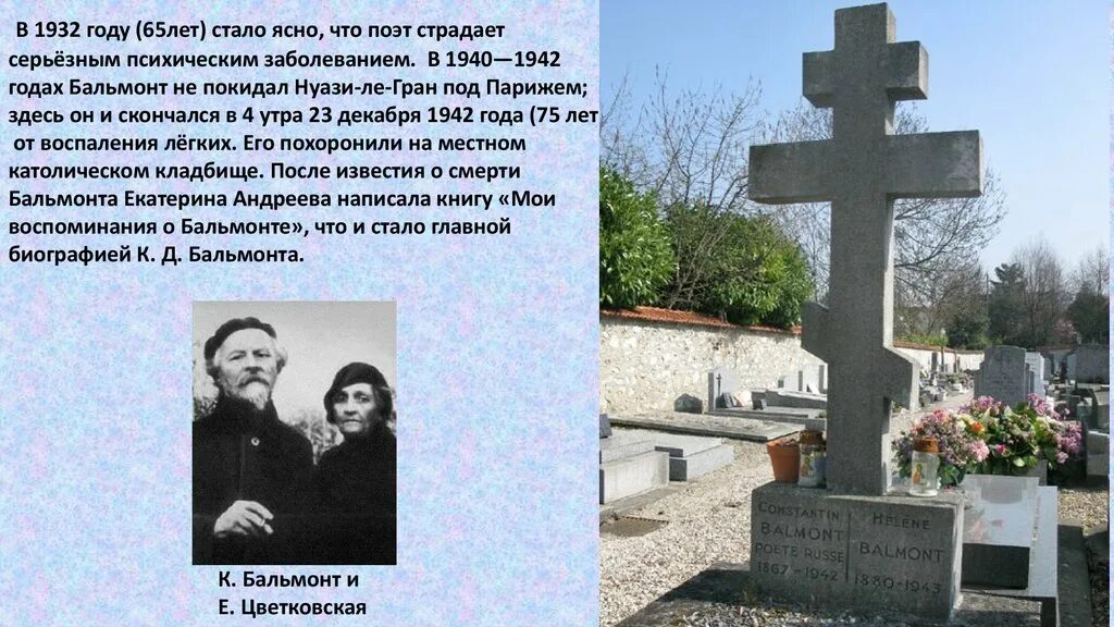 В каком году умер г. Могила Бальмонта в Париже. Нуази-Ле-Гран Бальмонт. Смерть Бальмонта.