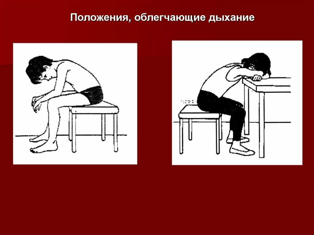 Облегчить положение. Положение облегчающее дыхание. положение для облегчения дыхания. выдох облегчения. «облегченное положение».