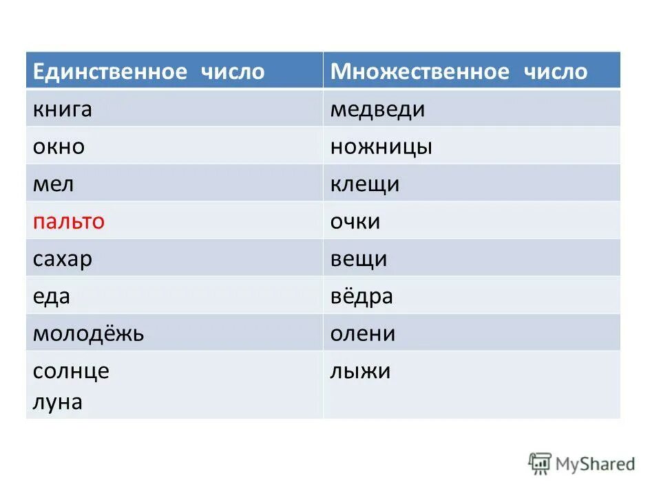 Слова без формы единственного числа. Пальто во множественном числе. Пально множественной число.