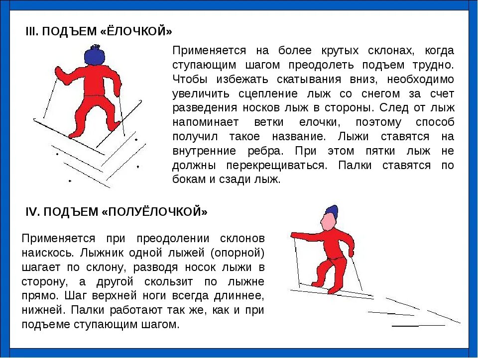 Способы подъема на склон на лыжах. Лыжная подготовка техника подъемов и спусков. Сообщение по физкультуре: лыжи, спуск и подъем. Способы подъема и спуска на лыжах.