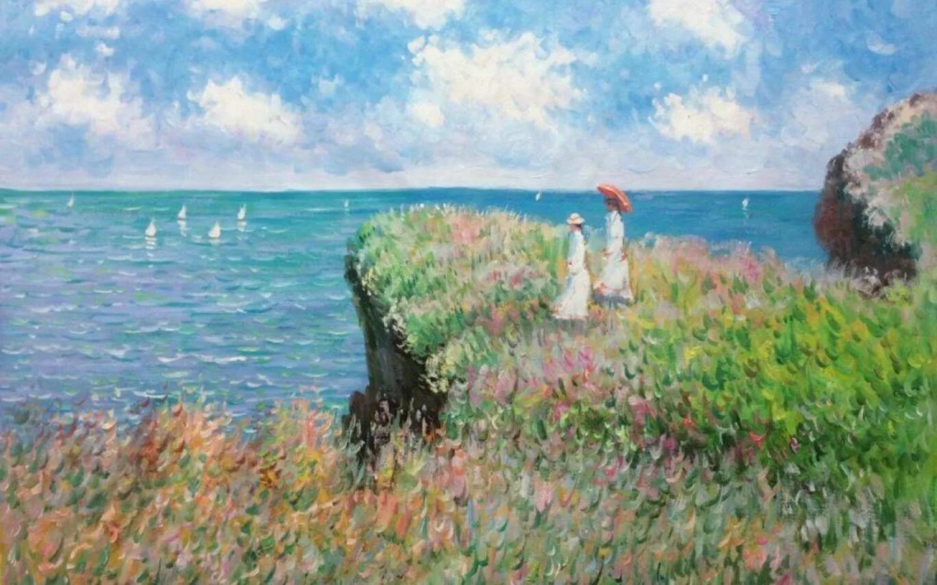 Моне прогулка к утесу в пурвиле. Клод моне the cliff walk at pourville. claude monet cliff walk. репродукция клода моне &quot;отлив в поурвилле. клод моне дама пляж в онфлере.