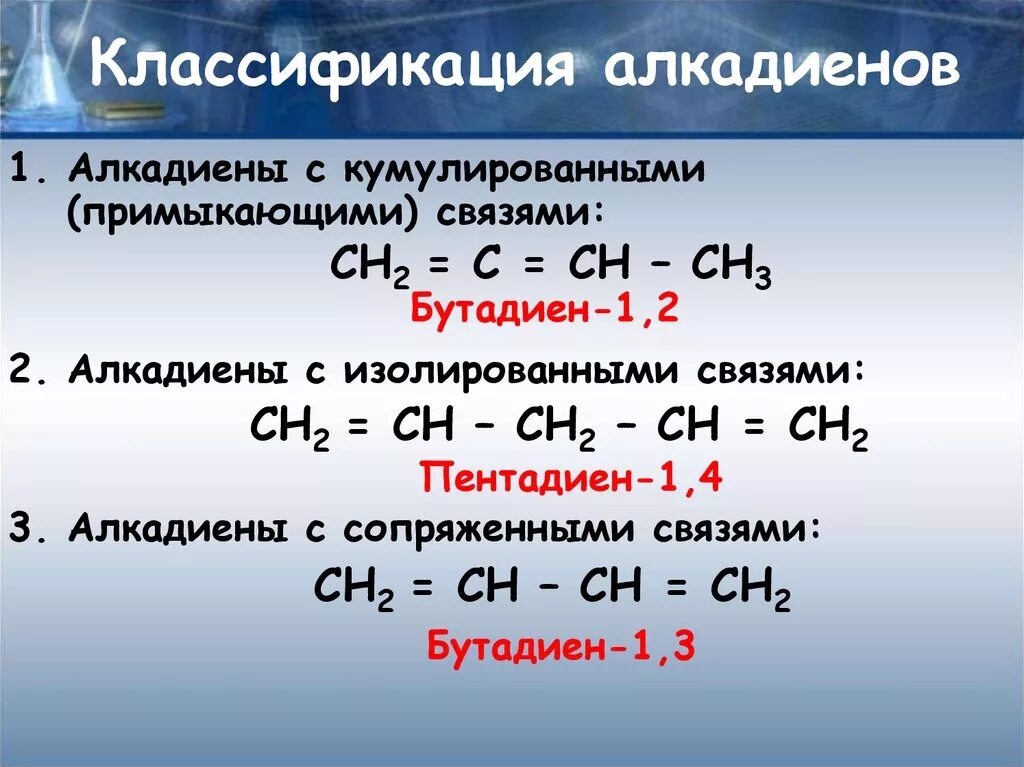 Кумулированные связи алкадиены. Классификация диеновых углеводородов. Изолированные связи алкадиенов. Формула ряда алкадиенов.