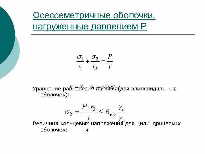 Кольцевые напряжения. Уравнение Лапласа для оболочек. Уравнение Лапласа для тонкостенных оболочек. Уравнение равновесия оболочки. Уравнение Лапласа сопромат.