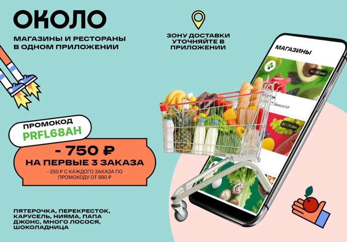 Промокоды на заказ еды из ресторанов. Около доставка продуктов. Сервис около. Сервисы по доставке продуктов из магазинов. Приложение Пятерочка и перекресток.