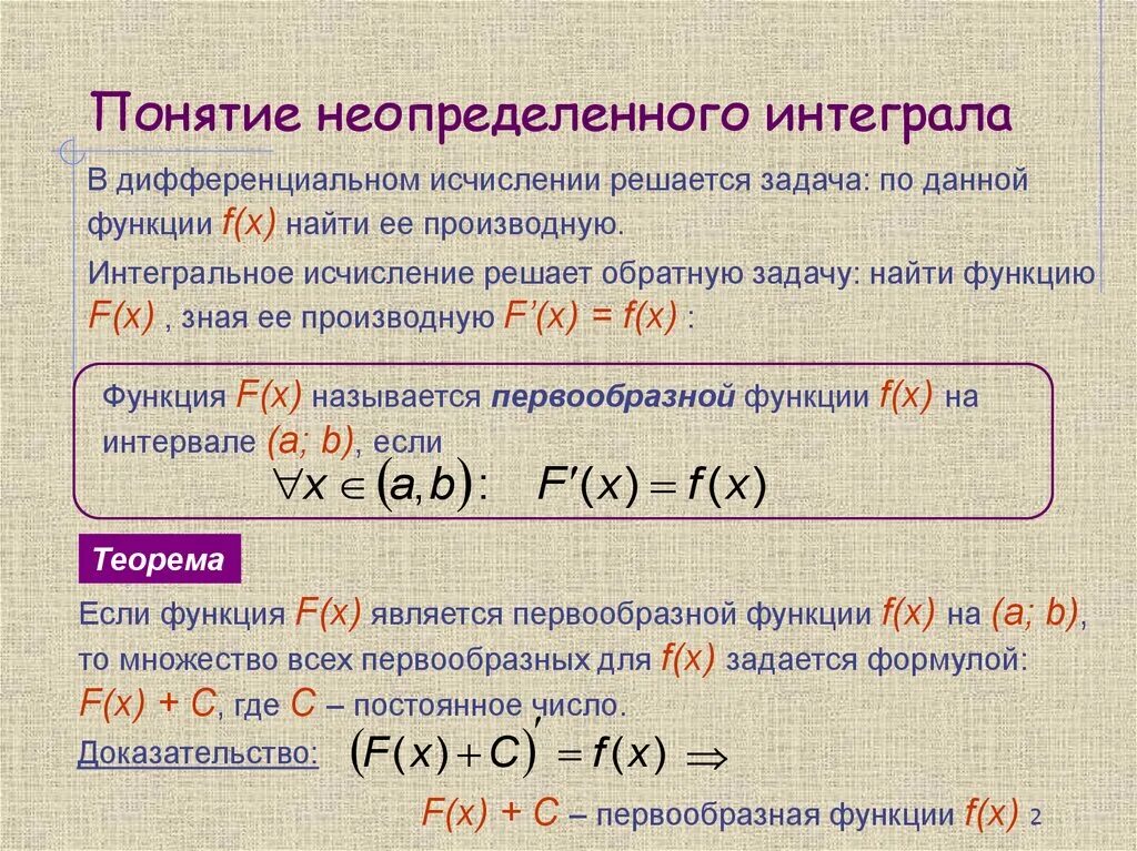 Понятие неопределенного интеграла. Понятие не определённого интеграла. Понятие первообразной и неопределенного интеграла. Неопределенный интеграл презентация. Неопределенный интеграл функции f x