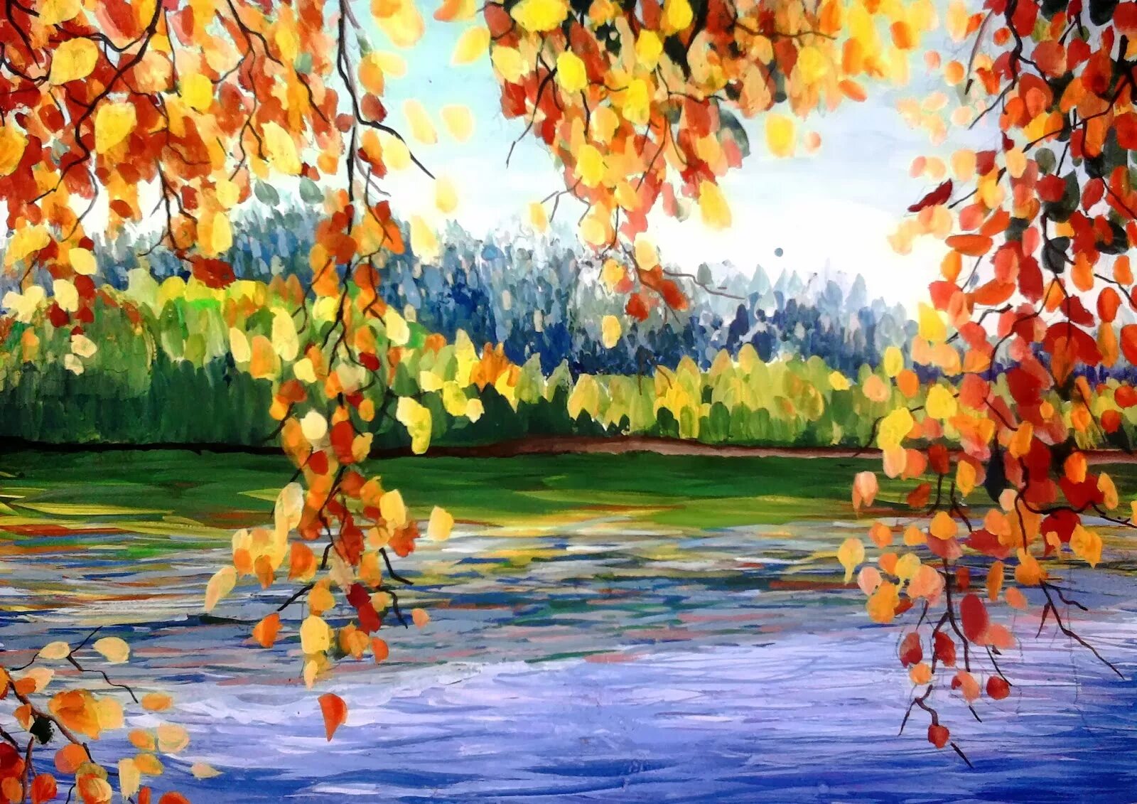 Осень картинки пошагово. Осенний пейзаж гуашью. Рисование осеннего пейзажа. Осенний пейзаж для детей. Золотые краски осени.