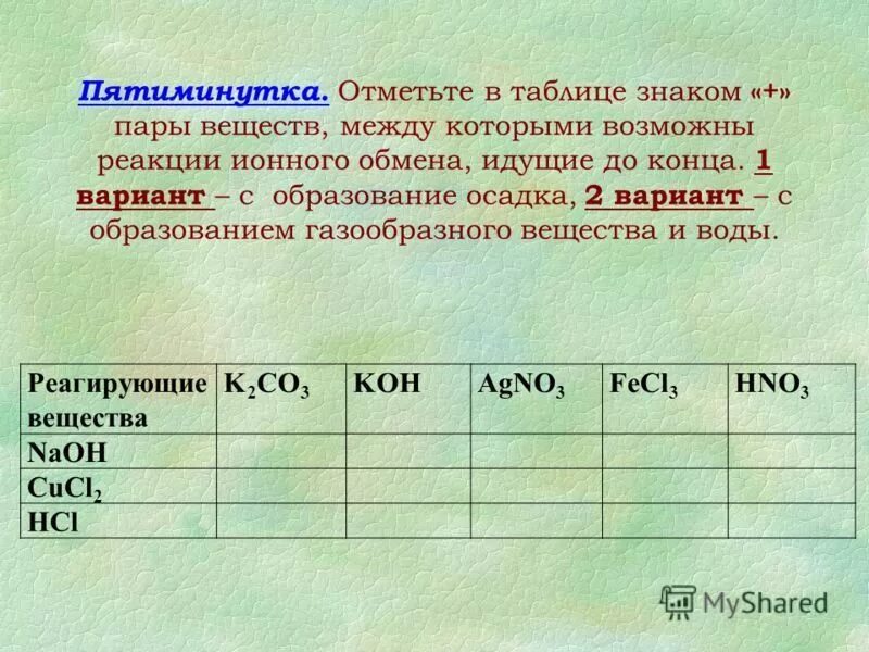 Между какой парой веществ. Вещества между которыми возможна реакция ионного обмена. вещества между которыми возможно взаимодействие. между какими парами веществ возможна реакция ионного обмена.