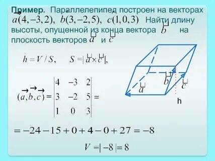 Вычислить объем параллелепипеда построенного на векторах