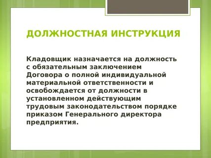 Должностная инструкция кладовщика в детском саду