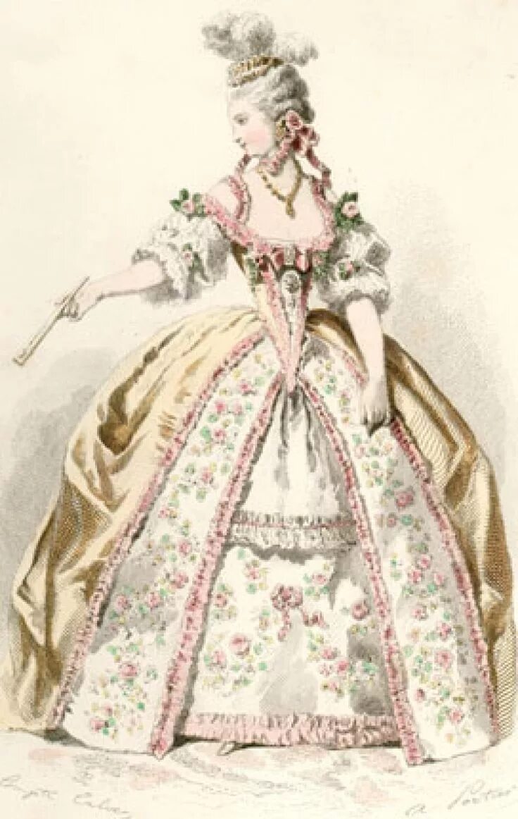 Vestido a la francesa de seda y chiné de lyon celeste con motivos florales y orl