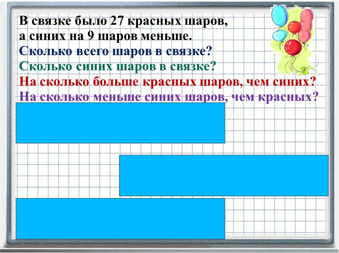 Красных шаров было на 7. Сколько шаров в связке. Синих шариков больше чем красных. Синих на 2 больше чем красных шаров. Задача про белые синие и красные шары.