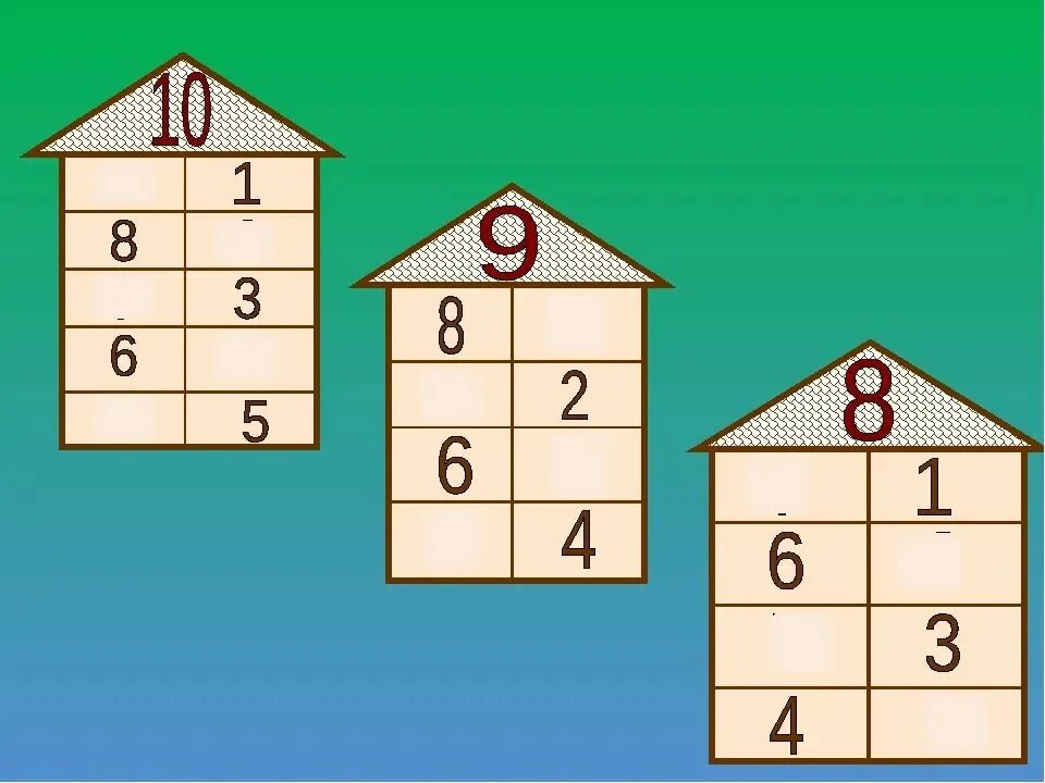 Заселяем домики. Засели домик состав числа 10. Игра засели домики состав числа. Игра «засели домики» (состав чисел 2, 3, 4).. Математические домики для дошкольников.