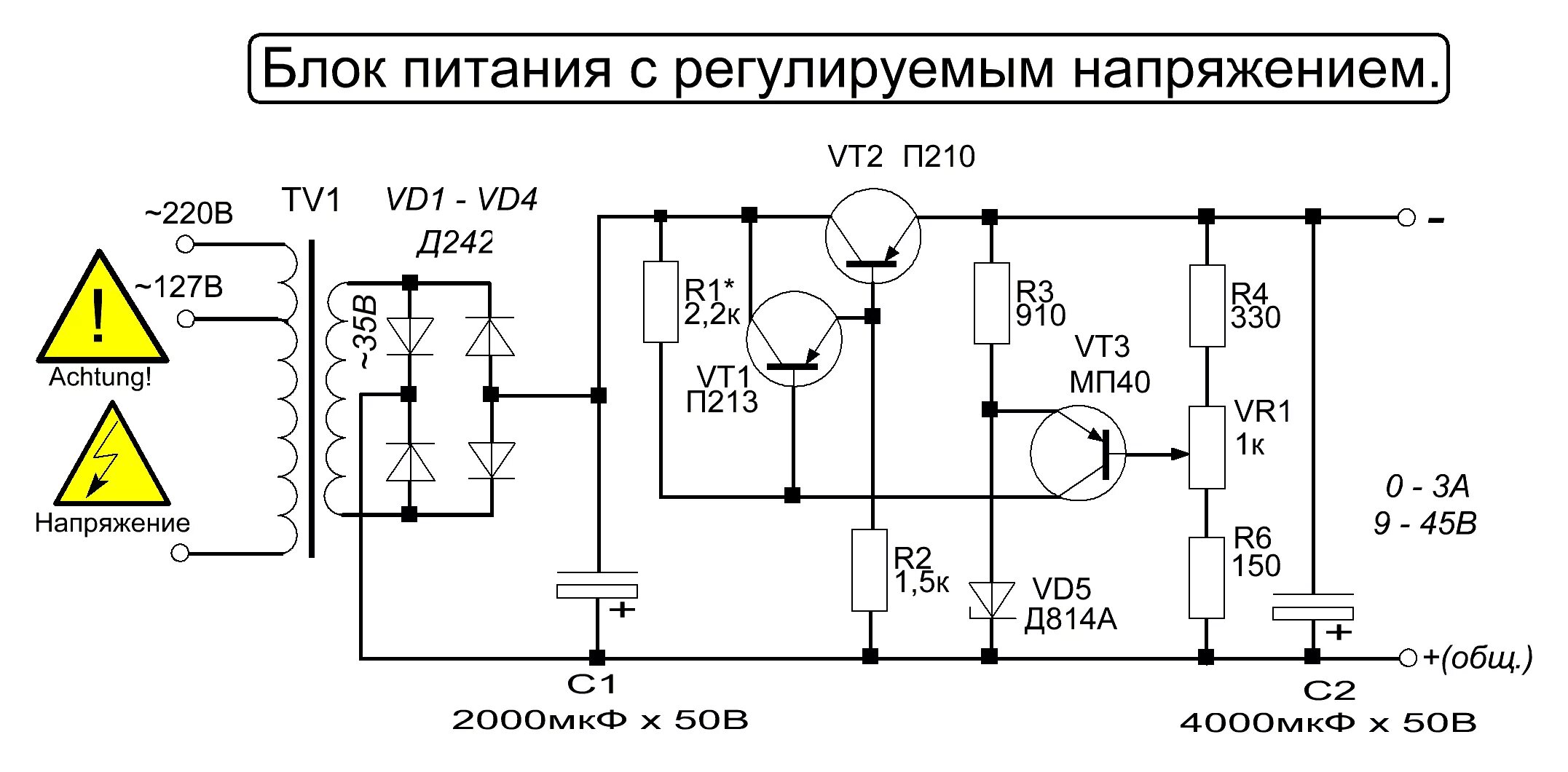 Самодельный регулируемый. Блок питания 12 вольт с регулировкой напряжения. Мощный блок питания на транзисторах кт818. Стабилизированный регулируемый источник питания схема. Регулируемый стабилизатор напряжения 100 вольт схема.