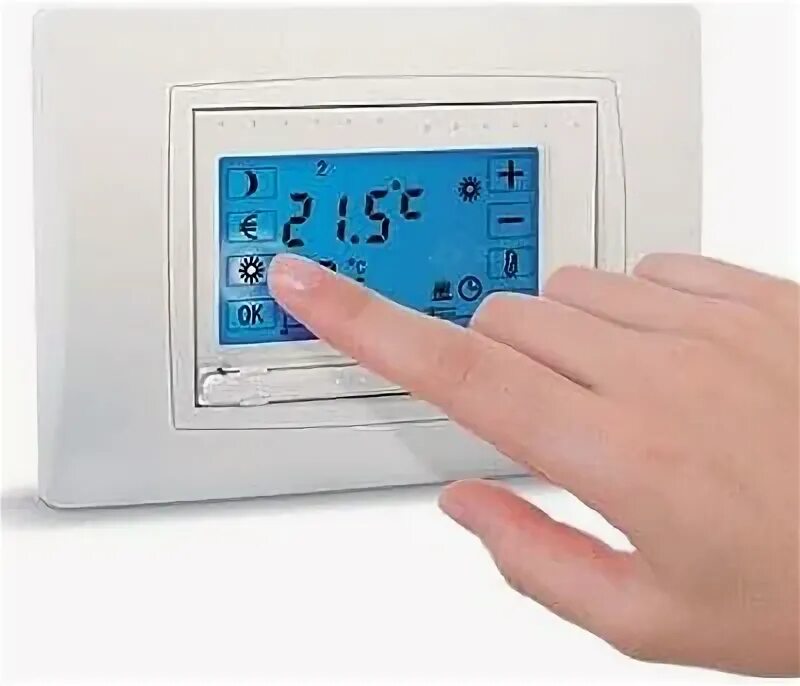 Программируемый термостат Kostrzeva. TDS-AC Touch Screen thermostat. Термостат для ephbm15p. IQ thermostat d White в интерьере фото.