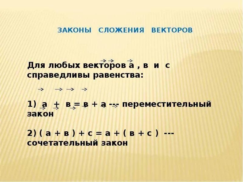 Законы сложения и вычитания. Законы сложения. законы чложения внктором. переместительный и сочетательный закон сложения. законы сложения векторов.