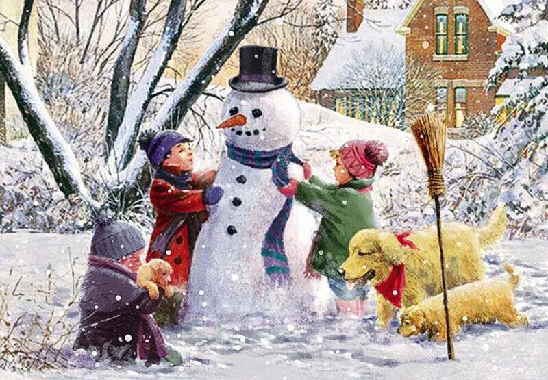 Дети зимой. Играть в снежки и лепить снеговика. Зимой лепят снеговика. Зимние рисунки. Семья лепит снежную бабу.