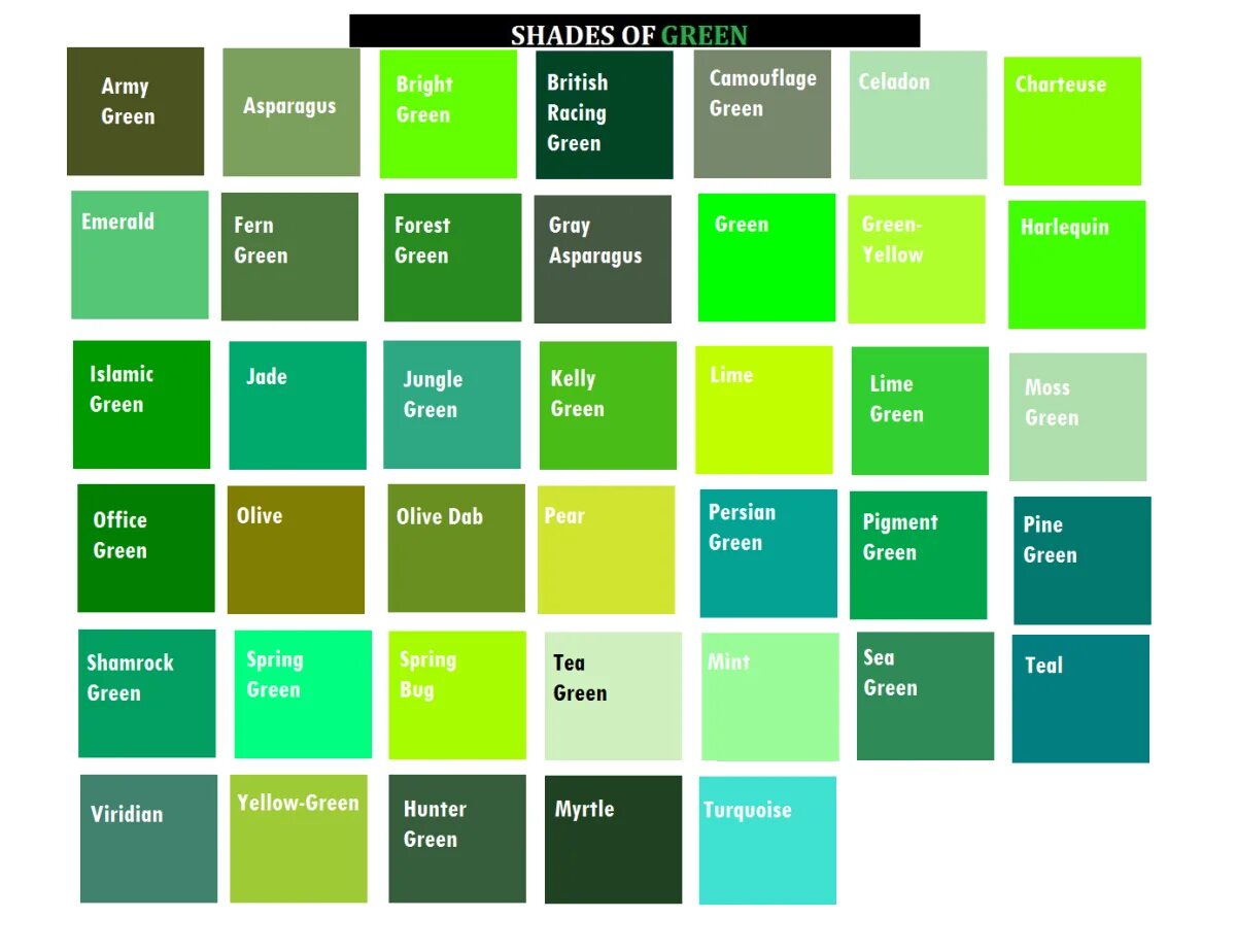 Green types. Оттенки зеленого. Оттенки зелёного цвета. Английский зеленый цвет. Оттенки зеленого на английском.