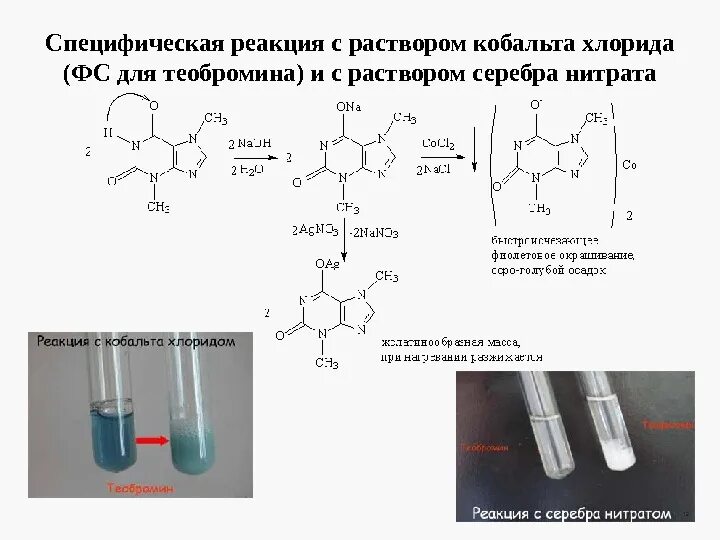 Теобромин мурексидная проба. Качественные реакции на производные Пурина. Серебряная проба на пуриновые основания цвет. Качественная реакция на теобромин с хлоридом кобальта 2.