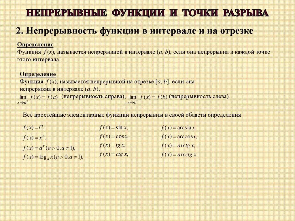 Непрерывные функции точки разрыва. Непрерывность функции в точке и на промежутке. Непрерывность функции на интервале. Исследование функции на непрерывность.