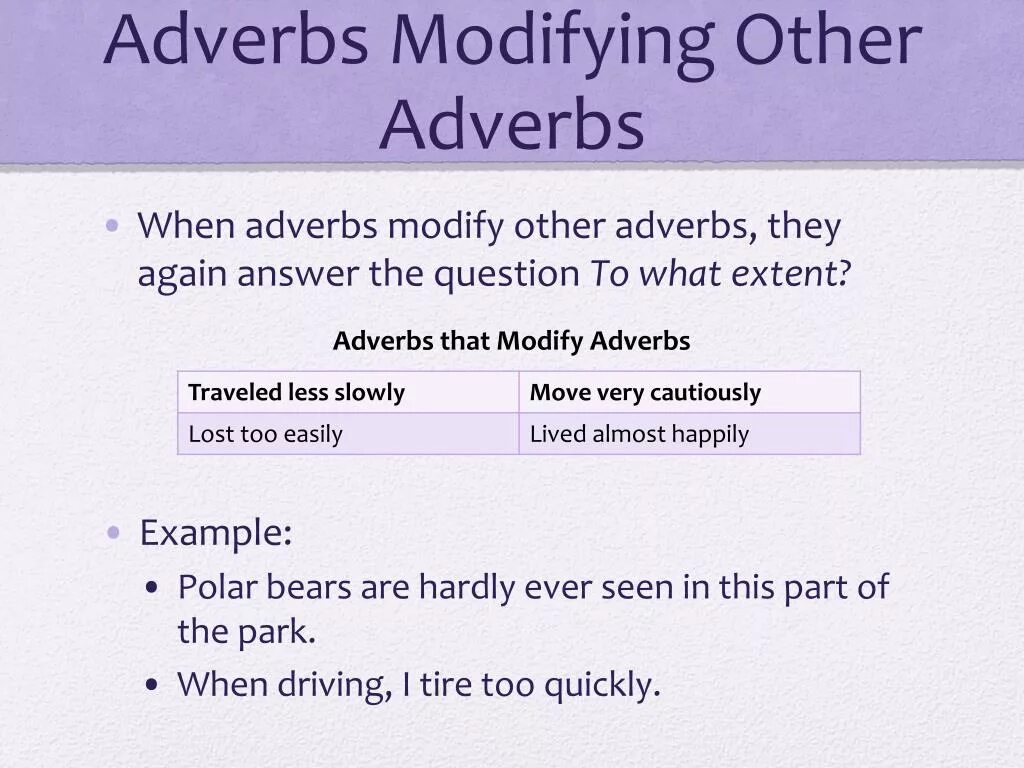 Adverbs slowly. Modifying adverbs примеры. Adverbs modifying adjectives. Adverbs modifiers правила. Modifying adverbs with adjectives.