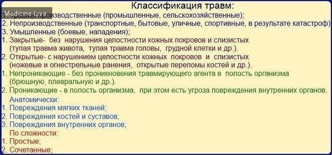 Классификация травм и повреждений. Классификация медицины катастроф.