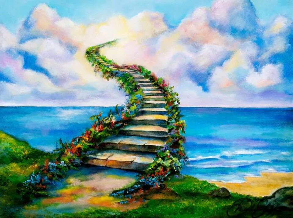 Красивая открытка рай. Лестница в небо. Пейзаж с лестницей. Лестница в небо живопись. Красивая лестница в небо.