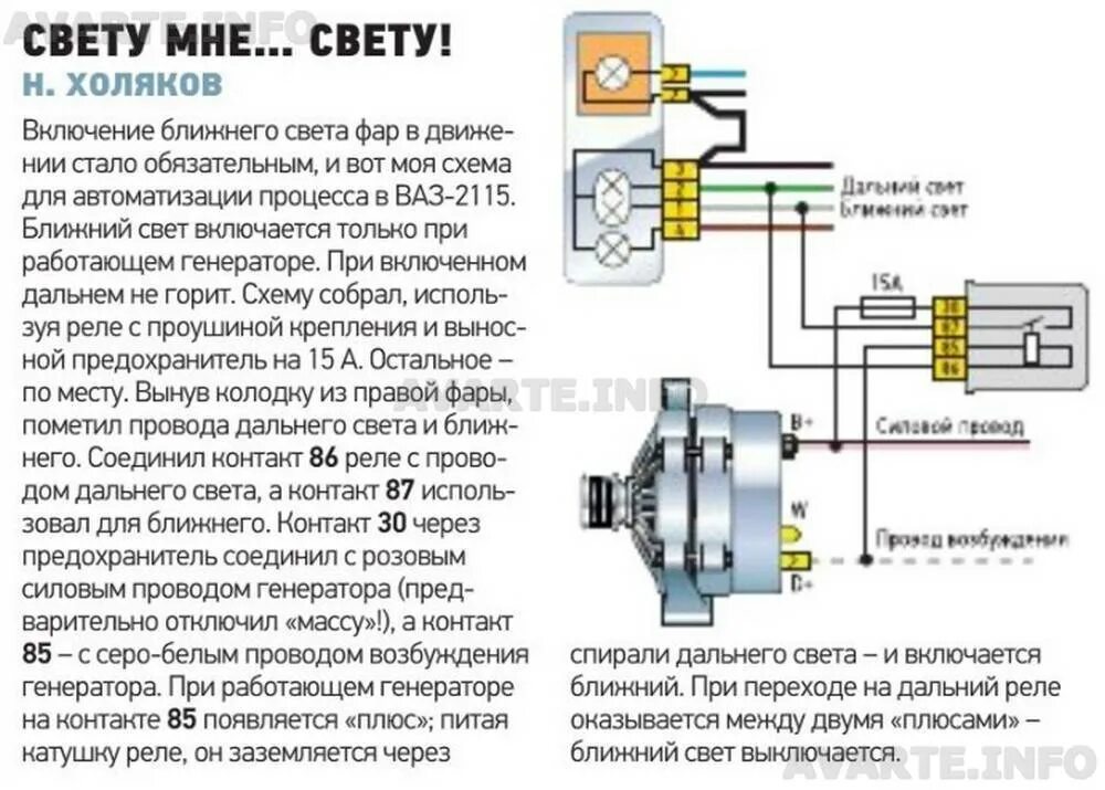 Перегорел дальний свет. Реле дальнего света фар ВАЗ 2115. ВАЗ 2115 Габаритные лампы схема. Переключатель света Газель на ВАЗ 2114. Схема подключения генератора ВАЗ 2115.