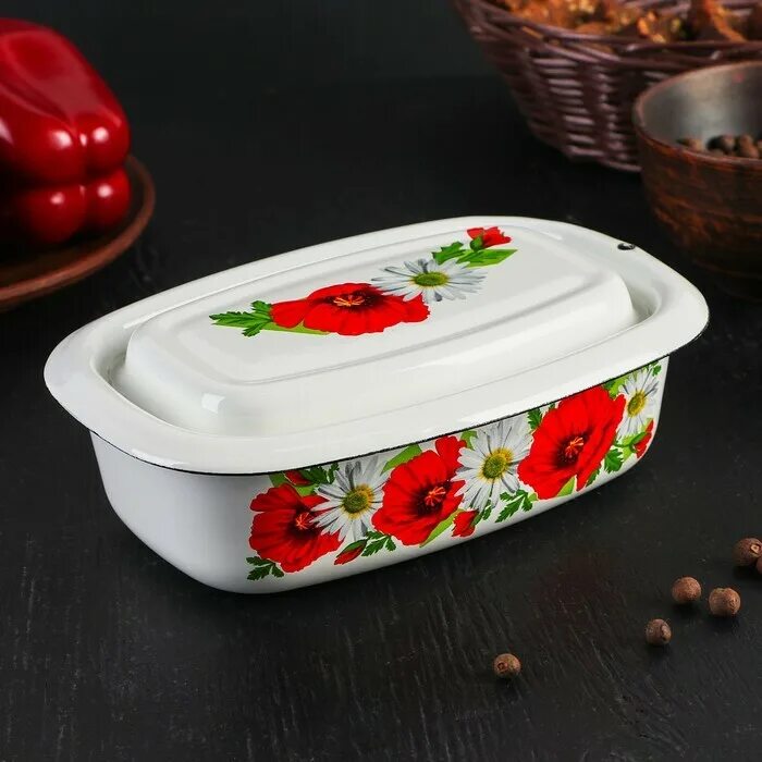Набор мисок эмалированных с крышками. Лоток, 600 мл, деколь микс. лотки для холодца эмалированные с крышкой. контейнер эмалированный с крышкой для холодца. набор для холодца эмалированный.