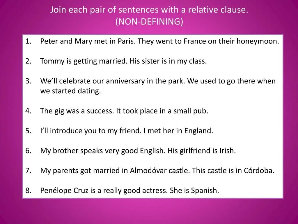 Defining and non-defining relative Clauses правило. Defining relative Clauses. Join each pair of sentences with a relative Clause. Non defining relative Clauses. Each предложение