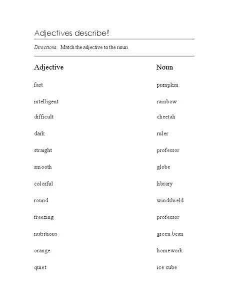 Match adjectives with Nouns. Adjective Noun Gumballs Worksheets for Kids. Graded adjectives