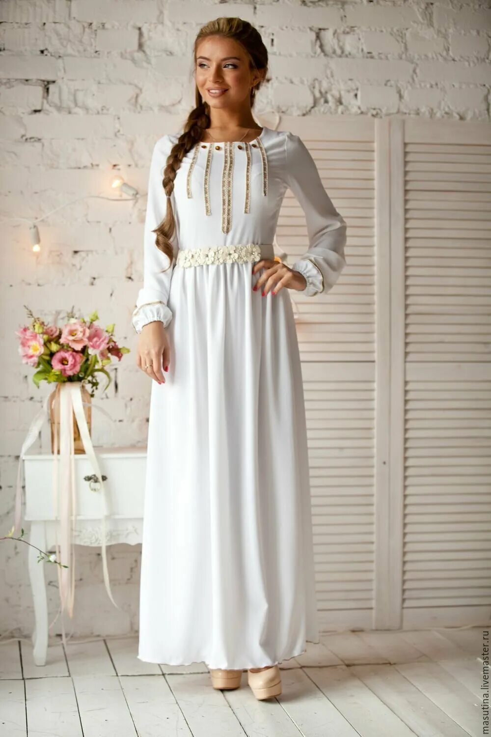 Венчальное платье. Платье в Славянском стиле. Белое длинное платье. Платье для церкви. Православные платья интернет