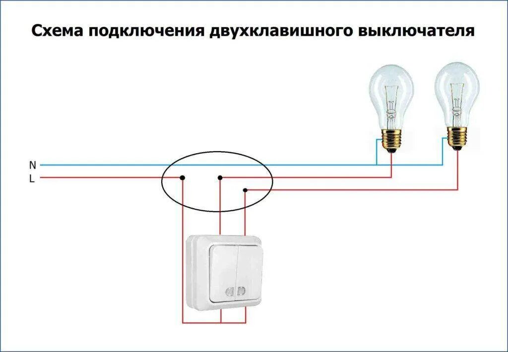 Подключаем выключатель света схема. Схема подключения двухклавишного выключателя на 2 лампочки. Подключение двухклавишного выключателя схема подключения. Схема подключения 2 ламп на двойной выключатель. Схема подключения 2 лампочки сдвоенный выключатель.