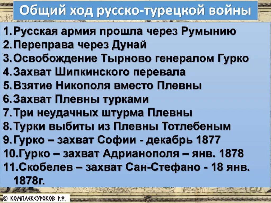 Основные действия русско турецкой войны