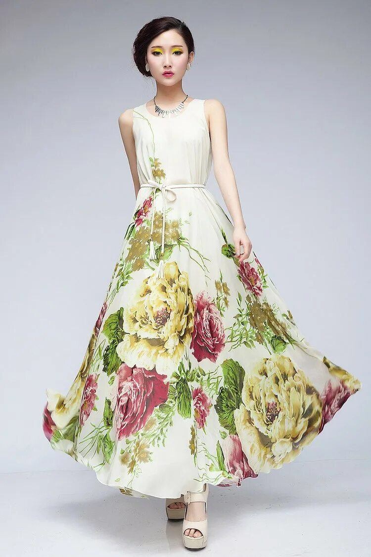 Длинное цветочное платье. Платье Casual Floral Round neckline Maxi a-line Dress (1955685973). Платье с цветами. Платье с цветочным принтом. Платье с крупным цветочным принтом.