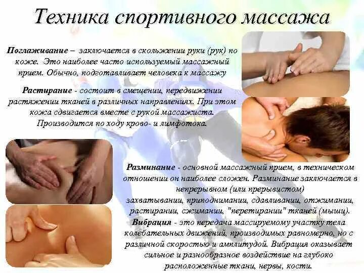 Проведение основных приемов массажа. Методика проведения массажа. приемы массажа. методика спортивного массажа. схема проведения массажа.