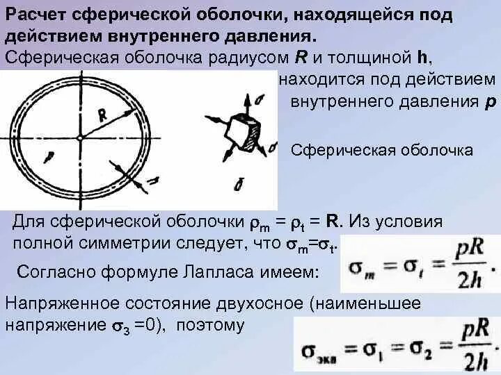 Расчет сферической оболочки под давлением. Напряжения в сферической оболочке. Расчет оболочек на прочность. Расчет тонкостенных оболочек на прочность.